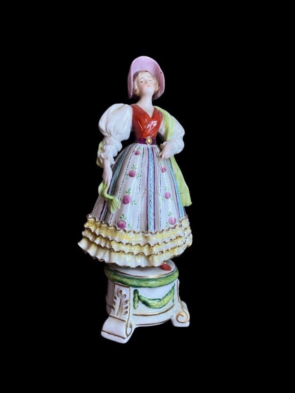 Decorative Porcelain Lady Figurine Floral Dress Gold Anchor Chelsea Style 7"